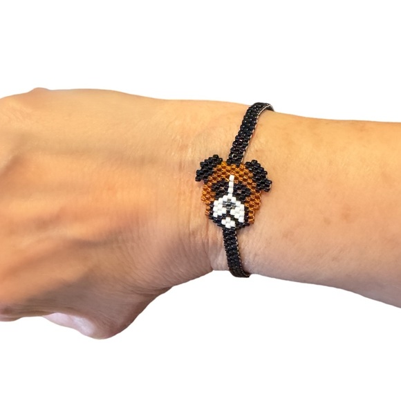 Handcrafted beaded boxer dog brick stitch bracelet with adjustable peyote band - Picture 1 of 5